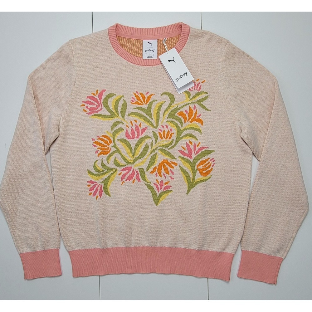 Puma Dani Dazey Sweater Womens Sz M Warm White 629991-01 Floral Knit Crew New